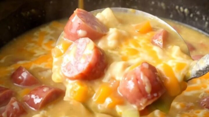 A close-up of a slow cooker filled with creamy kielbasa and potato soup, garnished with a light dusting of smoked paprika.