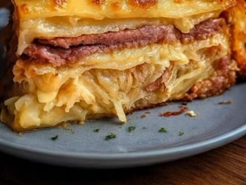 A golden-brown, bubbly Reuben bake in a ceramic dish, featuring melted Swiss cheese and visible layers of corned beef.