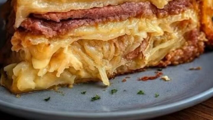 A golden-brown, bubbly Reuben bake in a ceramic dish, featuring melted Swiss cheese and visible layers of corned beef.