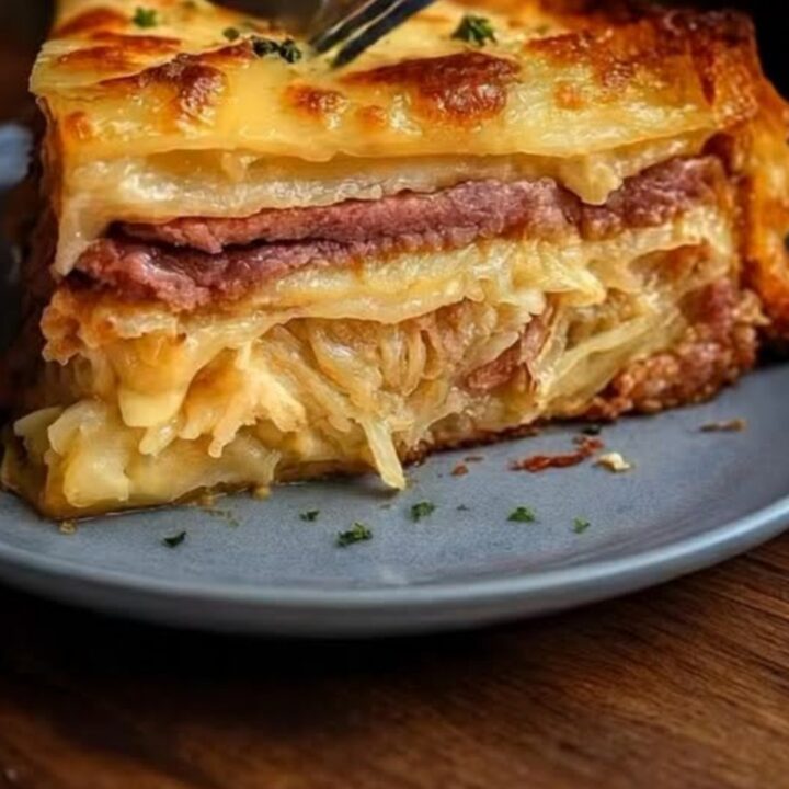 A golden-brown, bubbly Reuben bake in a ceramic dish, featuring melted Swiss cheese and visible layers of corned beef.
