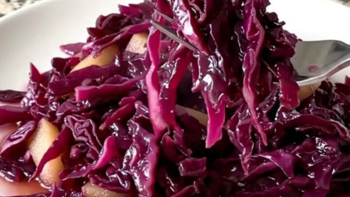 A vibrant heap of slow-cooked red cabbage and apples with a deep violet color and glossy sauce.