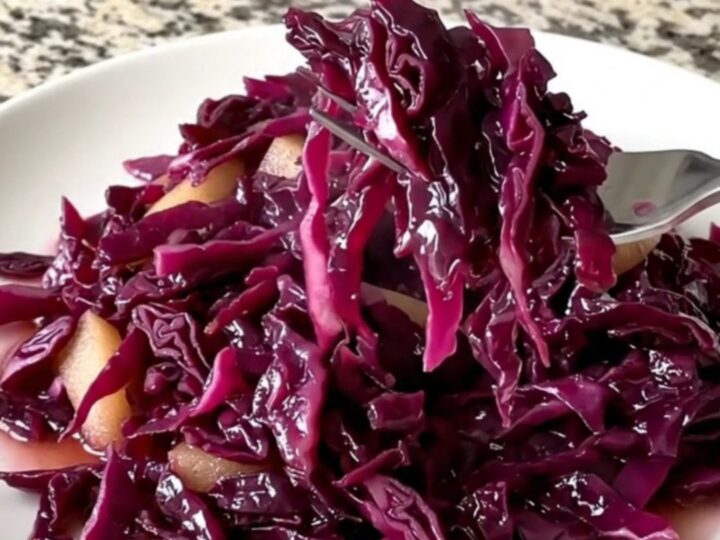 A vibrant heap of slow-cooked red cabbage and apples with a deep violet color and glossy sauce.