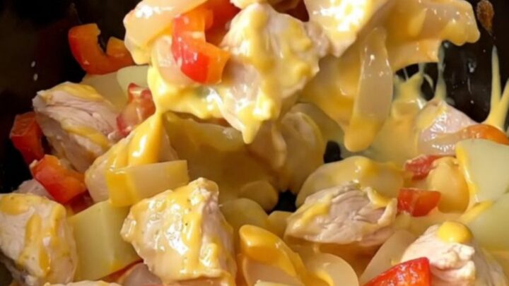 A close-up of a slow cooker filled with cooked chicken, peppers, and potatoes in a creamy cheese sauce.