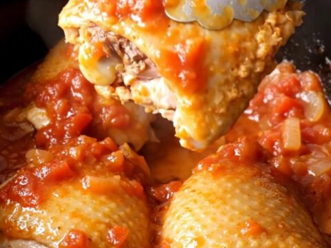 A close-up of a finished Chicken Marengo with tender chicken thighs, mushrooms, and pearl onions in a rich red tomato sauce.