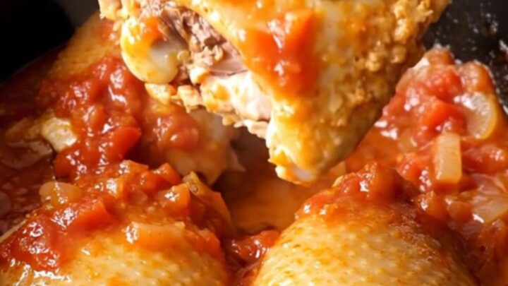 A close-up of a finished Chicken Marengo with tender chicken thighs, mushrooms, and pearl onions in a rich red tomato sauce.