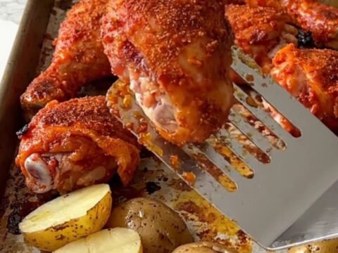 A sheet pan filled with roasted chicken drumsticks and halved baby potatoes, seasoned with a deep red spice rub.