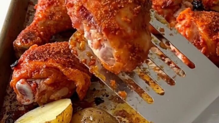 A sheet pan filled with roasted chicken drumsticks and halved baby potatoes, seasoned with a deep red spice rub.