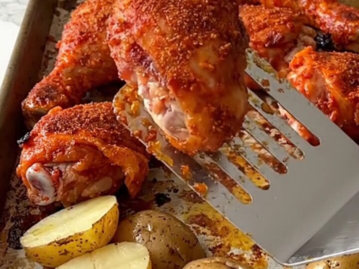 A sheet pan filled with roasted chicken drumsticks and halved baby potatoes, seasoned with a deep red spice rub.