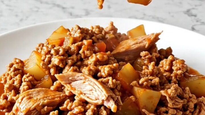 A hearty bowl of slow cooker ranchero ground turkey with potatoes and colorful bell peppers in a red sauce.