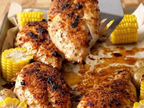 A sheet pan filled with golden-brown blackened chicken breasts, roasted baby potatoes, and corn cob pieces.