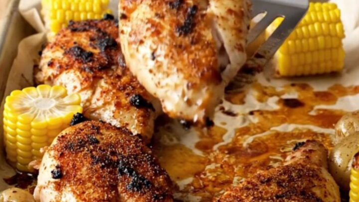 A sheet pan filled with golden-brown blackened chicken breasts, roasted baby potatoes, and corn cob pieces.