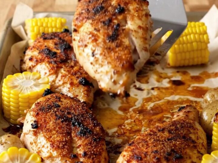 A sheet pan filled with golden-brown blackened chicken breasts, roasted baby potatoes, and corn cob pieces.