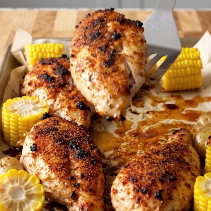 A sheet pan filled with golden-brown blackened chicken breasts, roasted baby potatoes, and corn cob pieces.