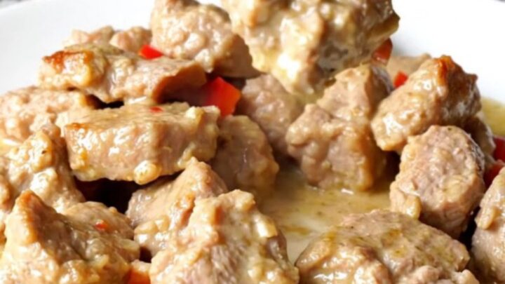 A bowl of tender, cooked pork bites in a creamy coconut sauce with pineapple and red peppers.