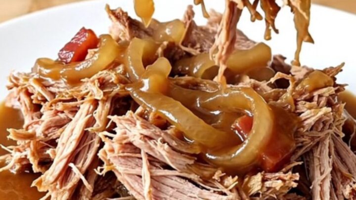 A close-up shot of shredded pork coated in a dark, glossy bacon and onion jam sauce on a white plate.