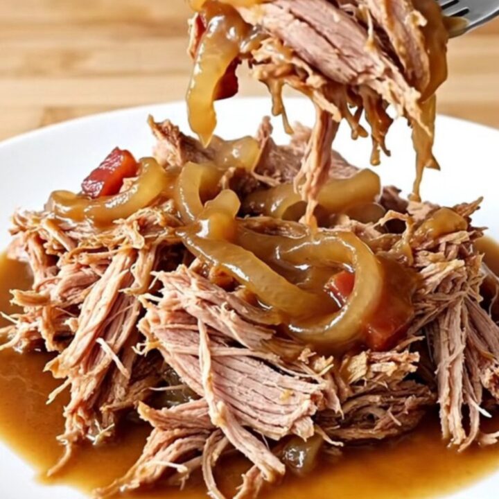 A close-up shot of shredded pork coated in a dark, glossy bacon and onion jam sauce on a white plate.