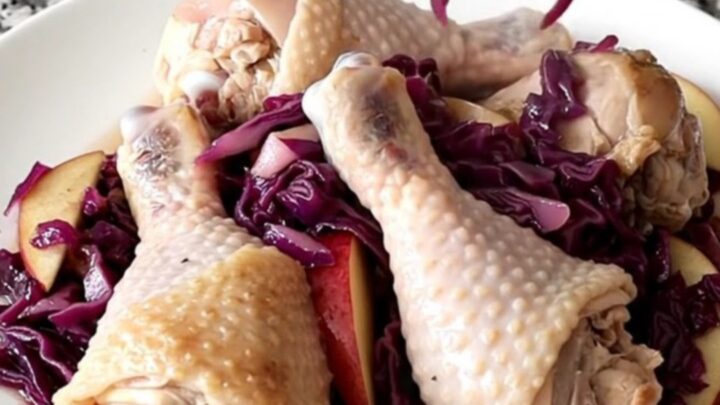 A slow cooker filled with chicken drumsticks, purple cabbage, and apple slices.