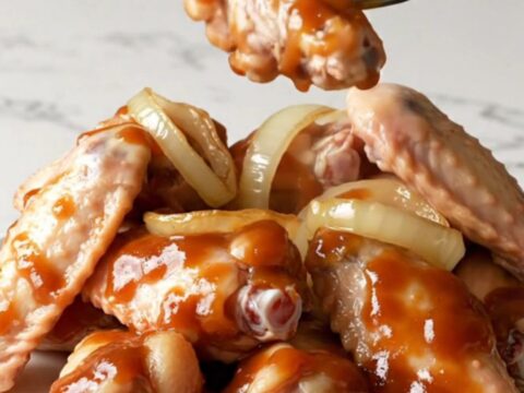 A plate of tender slow-cooked BBQ chicken wings coated in a dark, glossy sauce with soft onion rings.