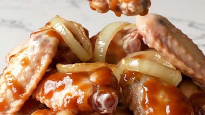 A plate of tender slow-cooked BBQ chicken wings coated in a dark, glossy sauce with soft onion rings.