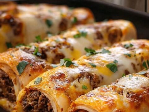 A close-up shot of cheesy beef roll-ups with a visible cheese pull, showing golden-brown tortillas.