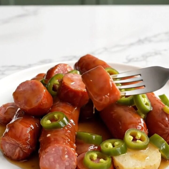 A top-down view of a slow cooker filled with sliced kielbasa and baby potatoes glazed in a glossy amber syrup.