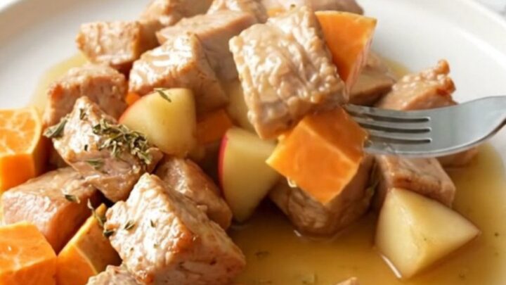 A white plate filled with cooked, bite-sized pork, sweet potatoes, and apples in a light amber cider sauce.