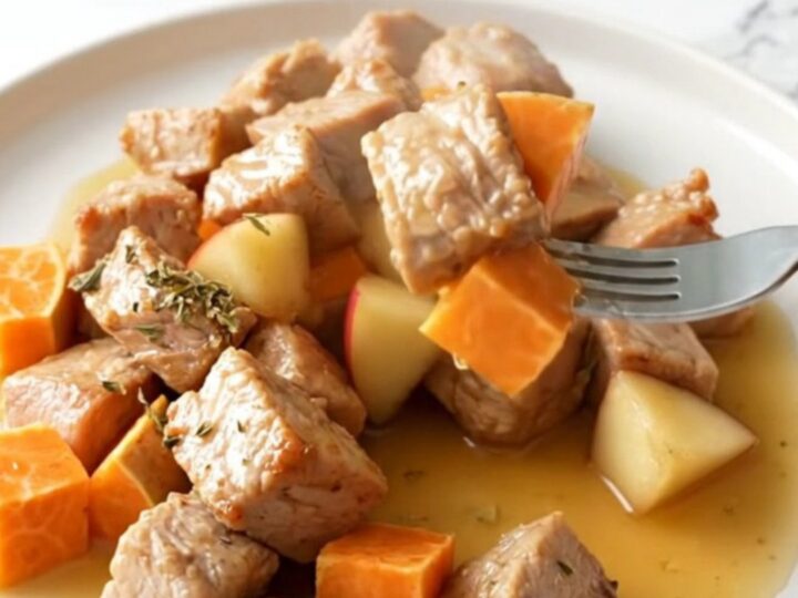 A white plate filled with cooked, bite-sized pork, sweet potatoes, and apples in a light amber cider sauce.