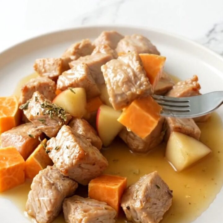 A white plate filled with cooked, bite-sized pork, sweet potatoes, and apples in a light amber cider sauce.