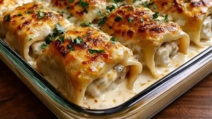 A close-up of a fork lifting a creamy chicken Alfredo lasagna roll with a dramatic cheese pull.