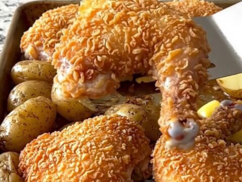 A sheet pan filled with golden-brown roasted chicken thighs, drumsticks, and baby potatoes.
