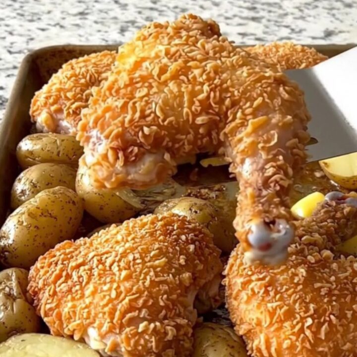 A sheet pan filled with golden-brown roasted chicken thighs, drumsticks, and baby potatoes.
