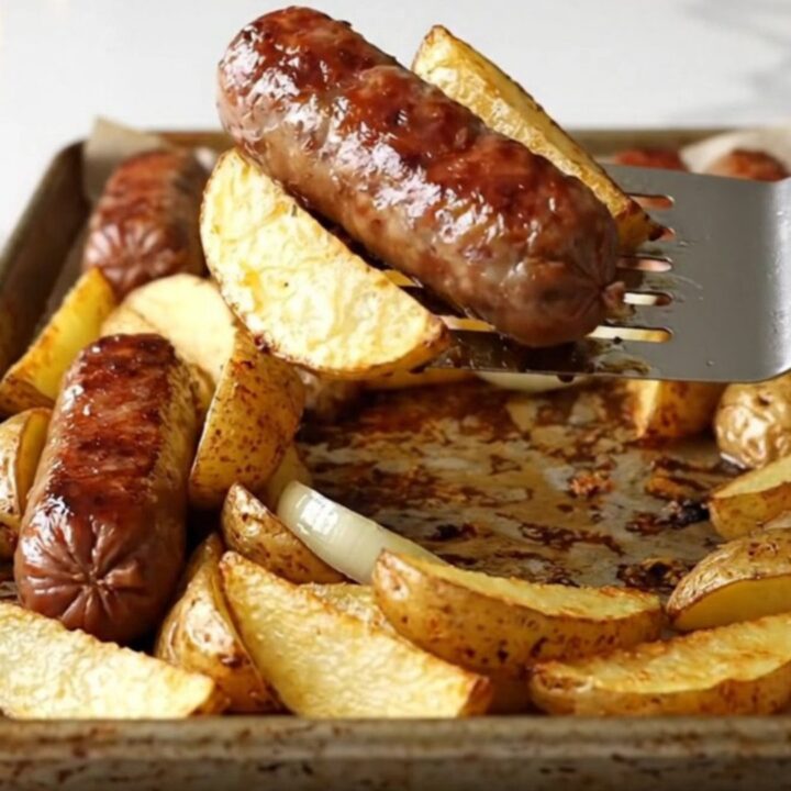 A sheet pan filled with golden-brown bratwurst, crispy potato wedges, and soft onions.