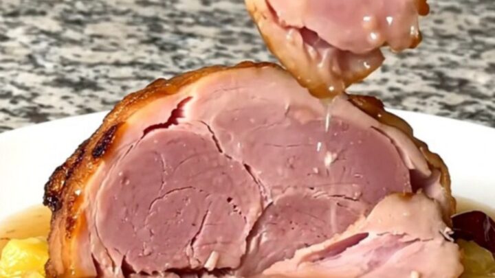A close-up of a tender, sliced bone-in ham topped with pineapple chunks and red cherries in a glossy glaze.