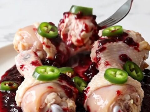 A close-up of slow-cooked blackberry jalapeno chicken drumsticks in a glossy, dark purple glaze on a white plate.