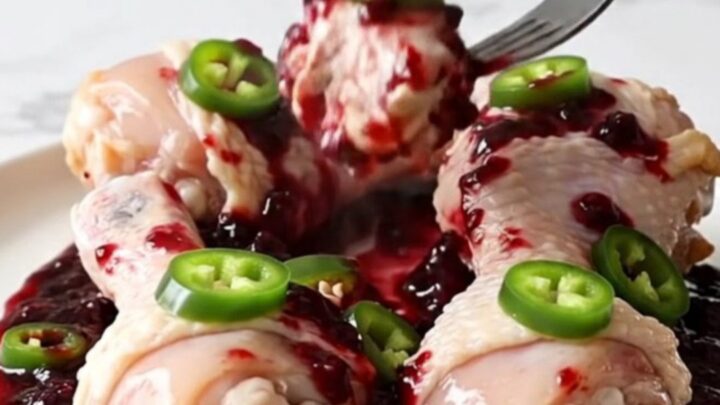 A close-up of slow-cooked blackberry jalapeno chicken drumsticks in a glossy, dark purple glaze on a white plate.