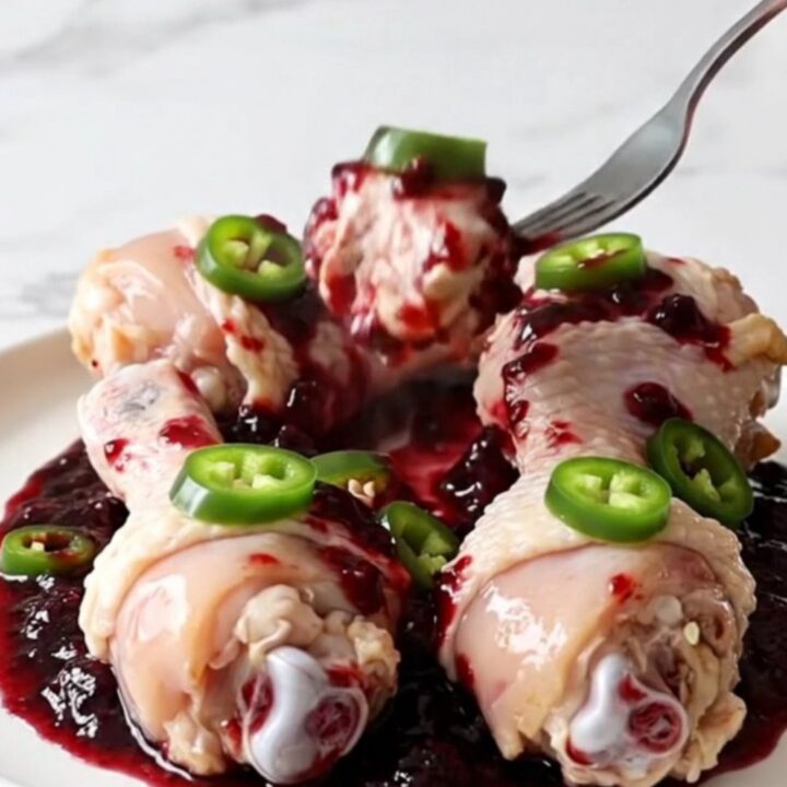 A close-up of slow-cooked blackberry jalapeno chicken drumsticks in a glossy, dark purple glaze on a white plate.