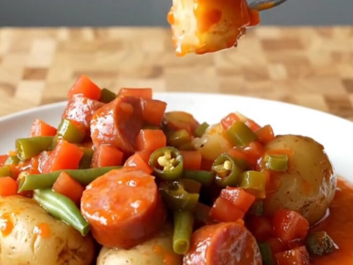 A hearty bowl of slow-cooked kielbasa, baby potatoes, and green beans in a rich, taco-spiced tomato sauce.
