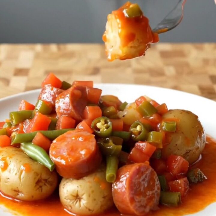 A hearty bowl of slow-cooked kielbasa, baby potatoes, and green beans in a rich, taco-spiced tomato sauce.