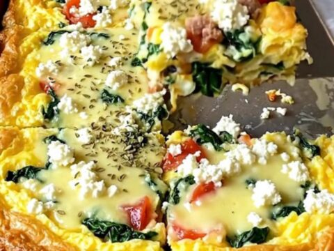 A golden-edged egg bake with sausage, spinach, and tomatoes on a sheet pan.