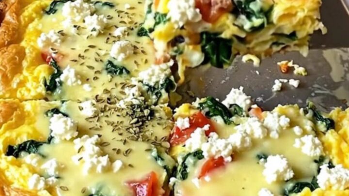 A golden-edged egg bake with sausage, spinach, and tomatoes on a sheet pan.