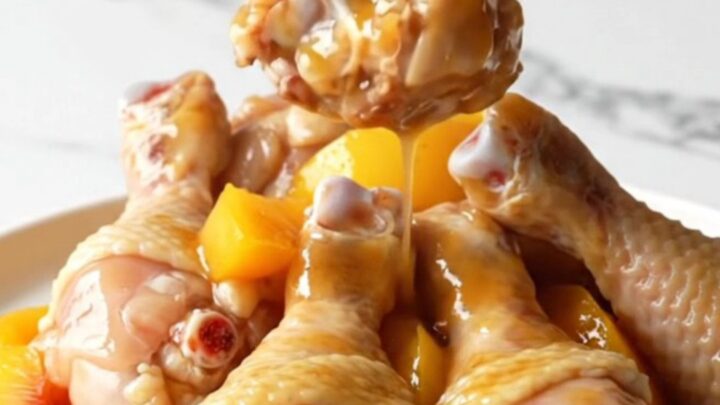 Slow cooker peach bourbon chicken drumettes served on a white plate with visible peach slices and thick amber sauce.