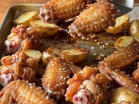 Crispy golden chicken wings and roasted baby potatoes on a parchment-lined sheet pan.
