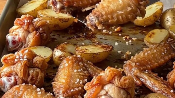 Crispy golden chicken wings and roasted baby potatoes on a parchment-lined sheet pan.