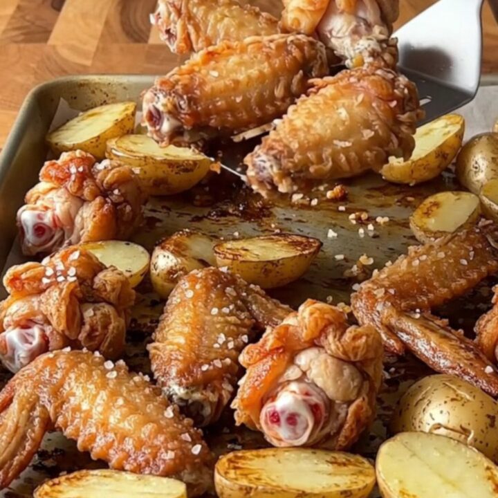 Crispy golden chicken wings and roasted baby potatoes on a parchment-lined sheet pan.
