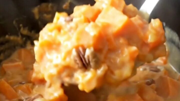 A close-up view of creamy, tender sweet potato chunks in a rich brown sugar and nutmeg glaze with toasted pecans.