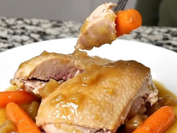 A close-up of tender, cooked chicken breasts and baby carrots in a light cider sauce on a white plate.