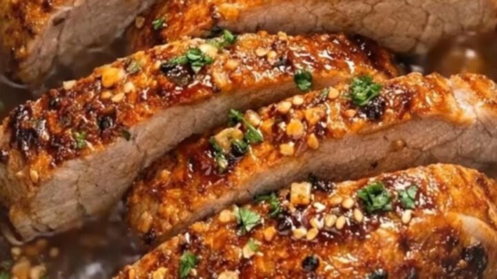 Sliced sticky honey garlic pork tenderloin glistening with rich amber glaze inside a slow cooker