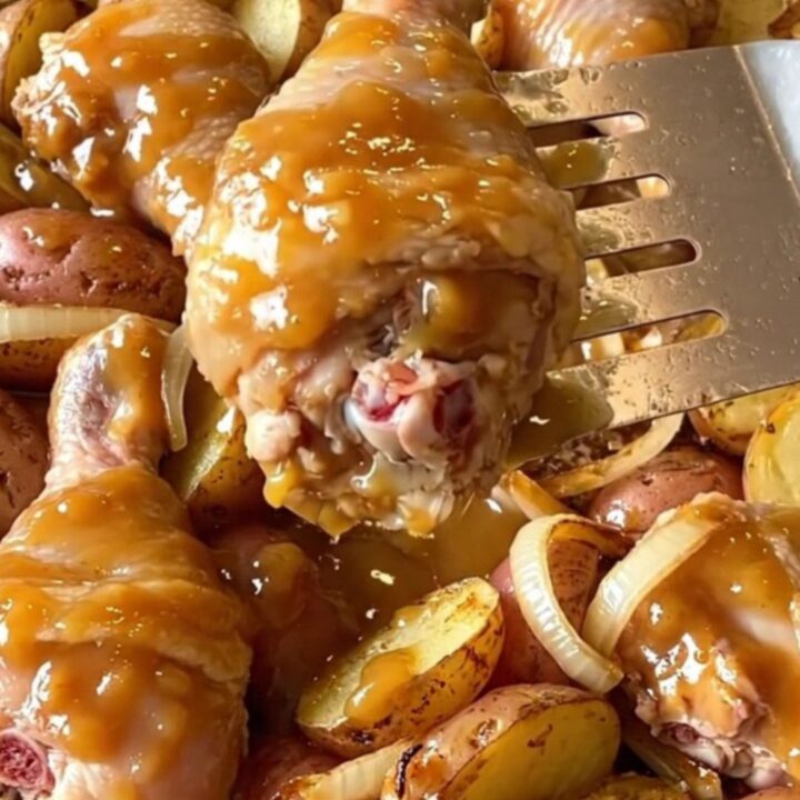 A sheet pan filled with golden-brown roasted chicken drumsticks, baby potatoes, and red onion wedges glazed in peach sauce.