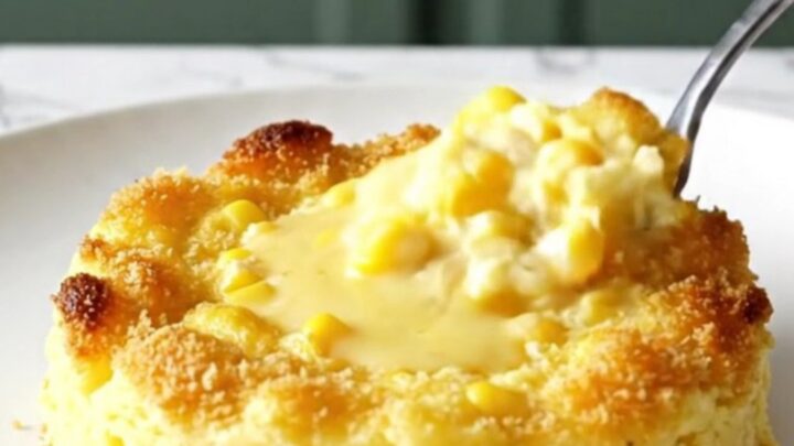 A top-down view of a slow cooker filled with creamy scalloped corn, topped with golden, crispy cracker crumbs.