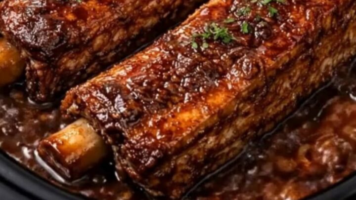 Slow cooker sticky garlic short ribs glistening with sweet soy glaze inside a black slow cooker